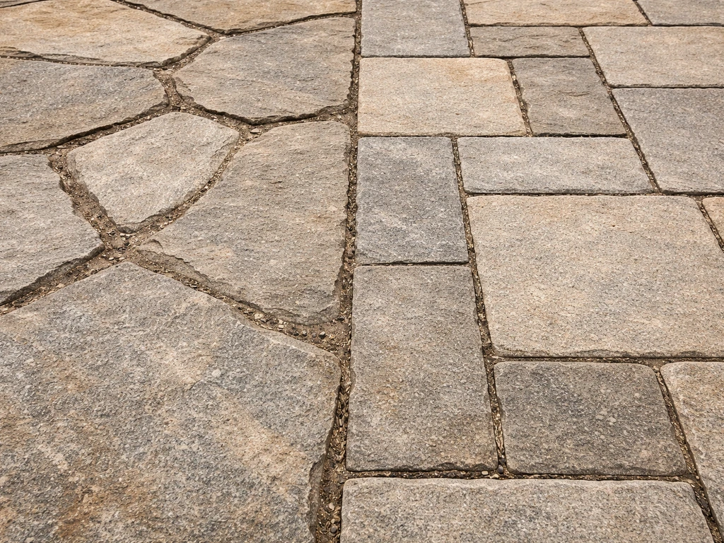 Close-up of flagstone patio showing irregular natural stones and wider mortar joints