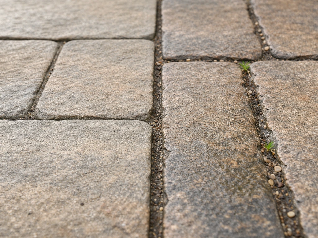 Close-up of stone patio joints showing tight vs wider grout lines and drainage contrast.