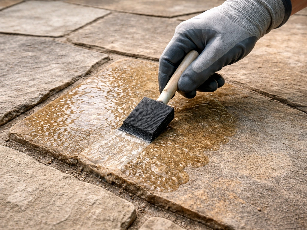 Hand applying clear penetrating sealer to flagstone patio with subtle wet sheen and tiny darkened spots.