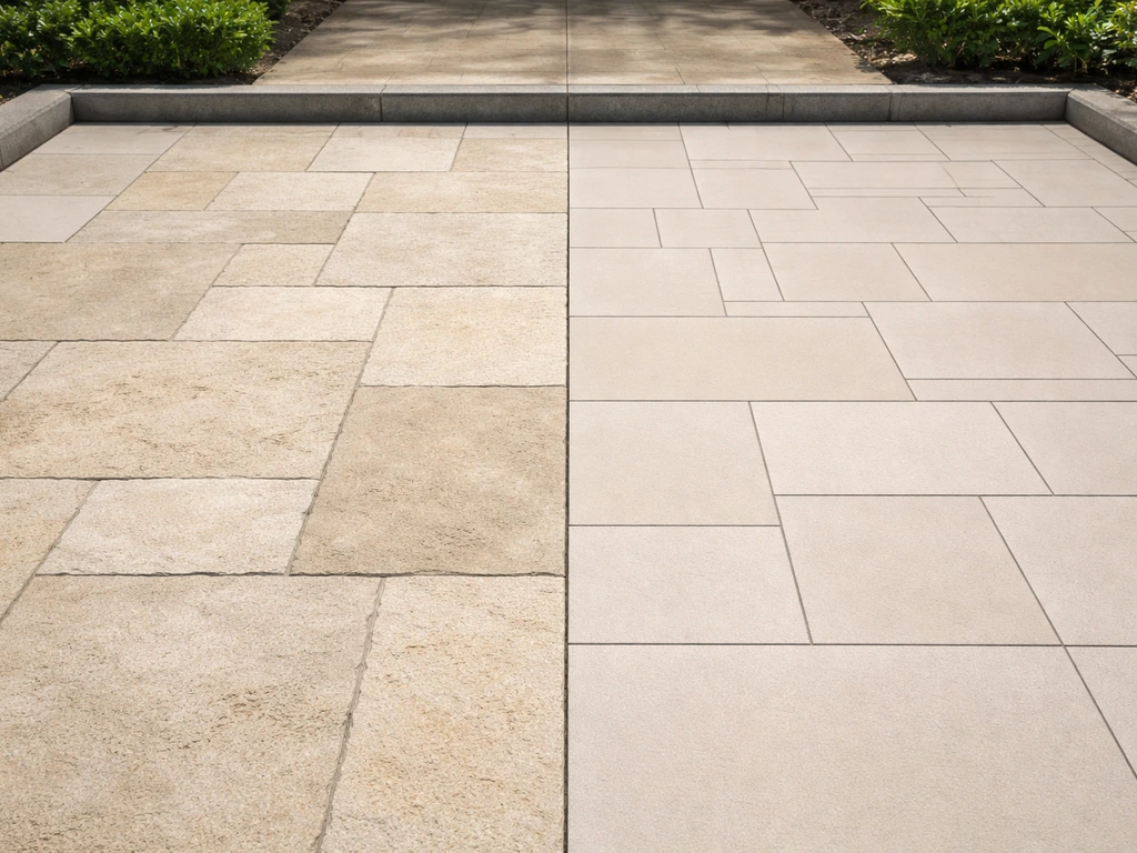 Outdoor patio with two sections: natural limestone texture and sleek porcelain tile look under natural light.
