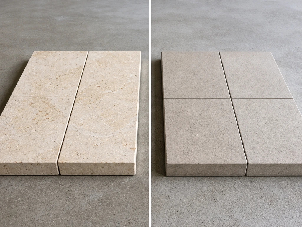 Side-by-side limestone pavers with fossils and color variation next to uniform porcelain pavers.