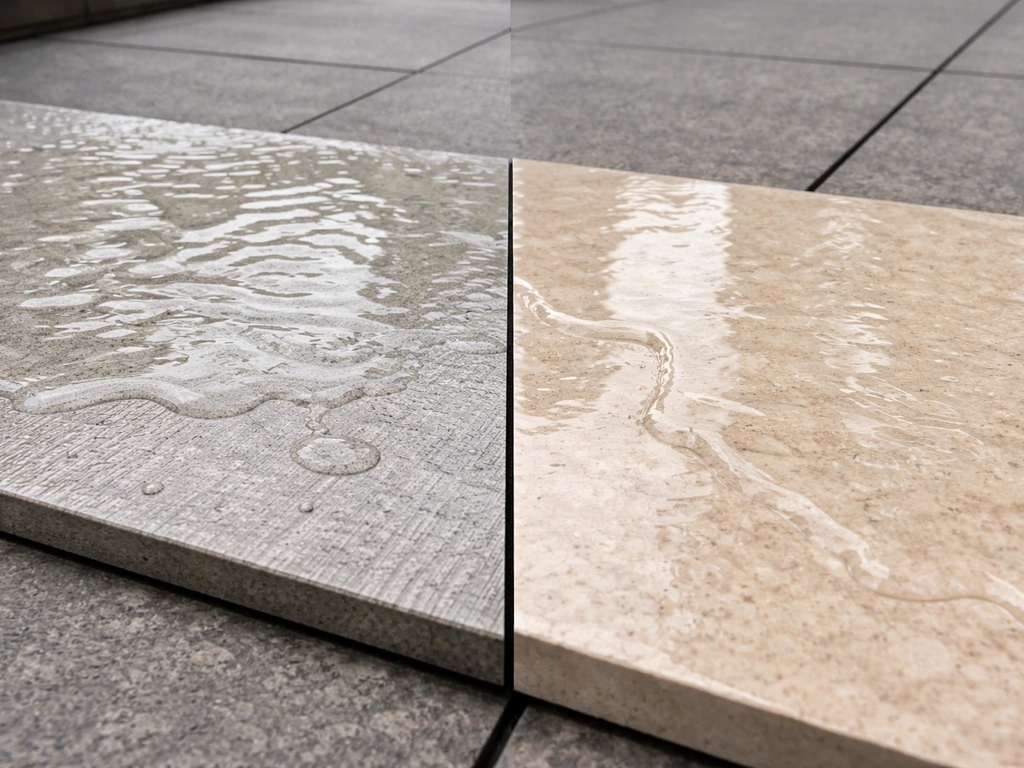 Wet textured outdoor porcelain tile beside smoother honed limestone with visible sheen difference.