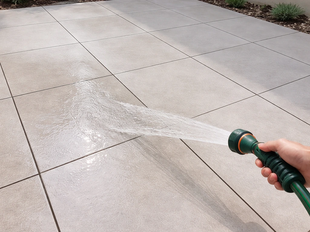 Outdoor porcelain patio after sweeping and gentle washing, water runoff flowing away from grout lines.