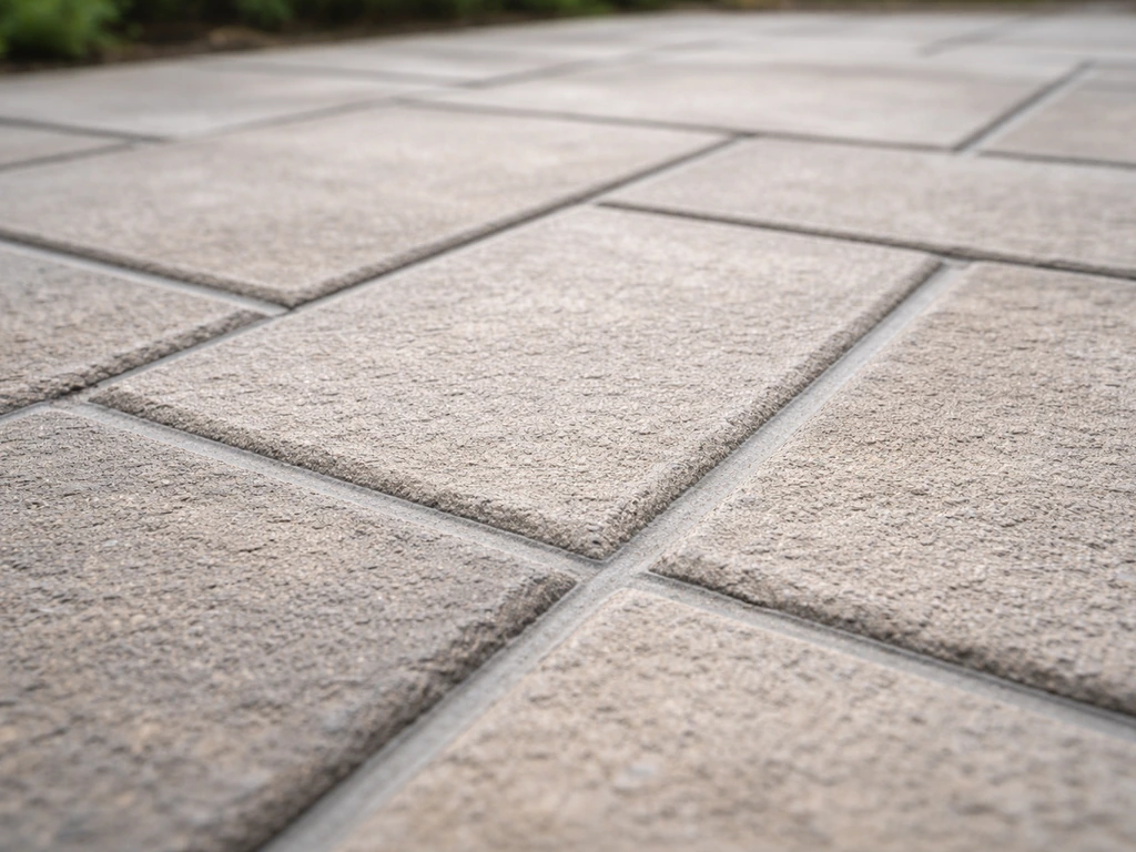 Close-up of paving slabs with neatly finished grout joints and textured contrast in natural light.