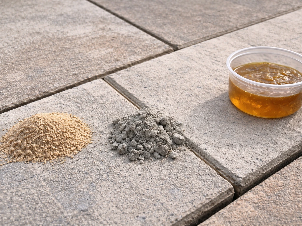 Close-up side-by-side view of grout sand, cementitious grout, and epoxy/urethane next to a patio paver joint.