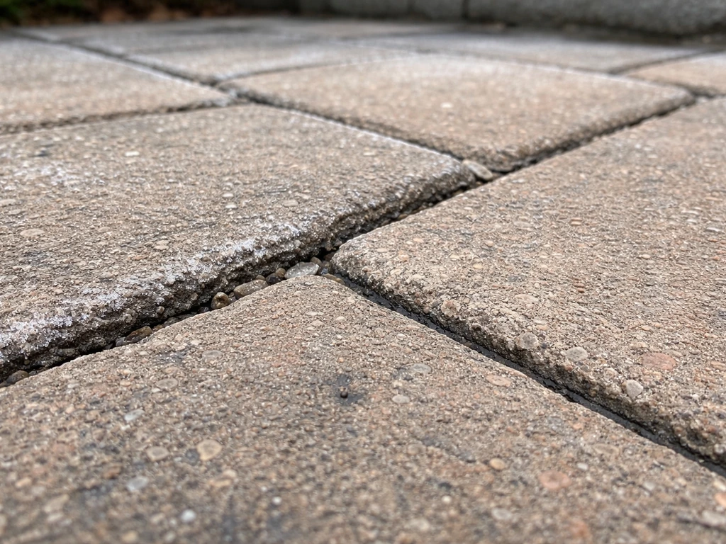 Outdoor patio paving with cracked grout lines and a nearby intact sealed joint for contrast
