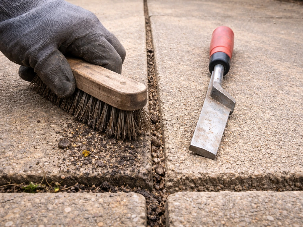Close-up of a stiff brush and joint scraper cleaning debris from gaps between paving slabs.