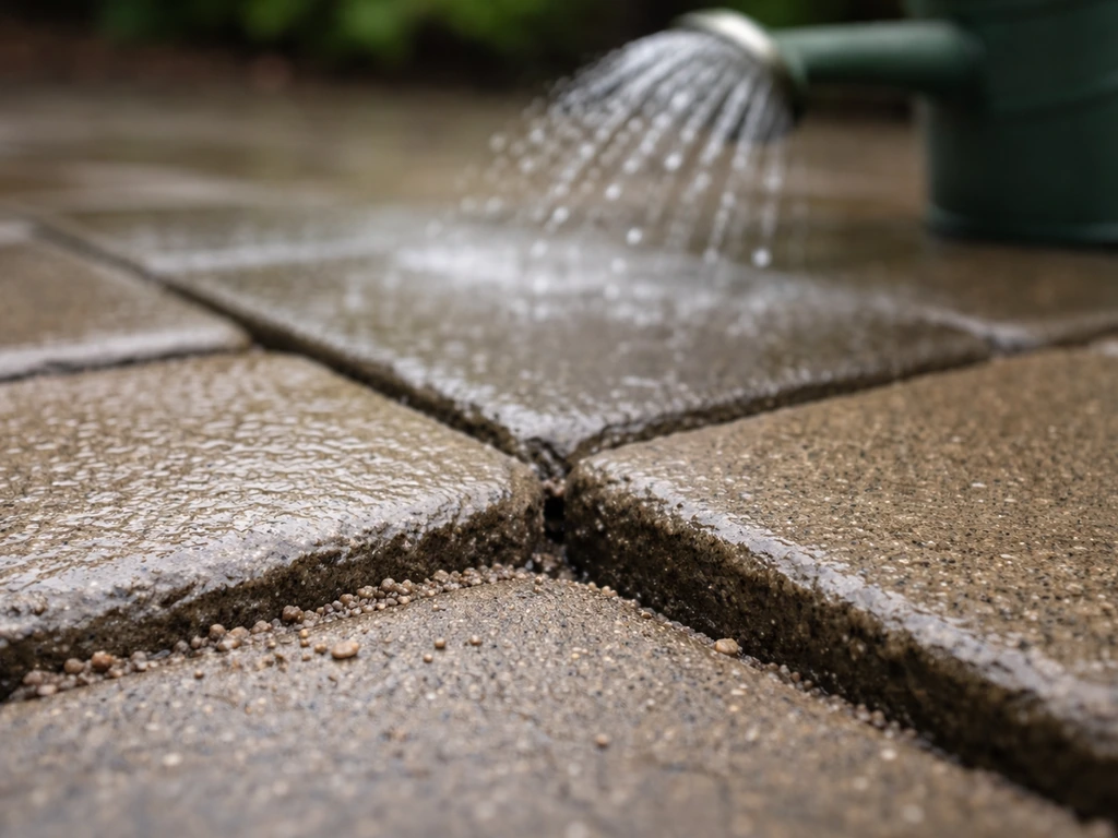Close-up of a washed-out paver joint with missing polyic sand and a gentle watering spray in the background