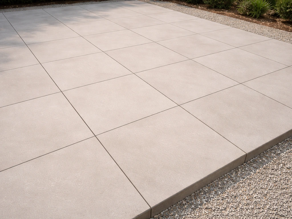 Matte neutral large-format porcelain patio tiles installed outdoors in a simple layout