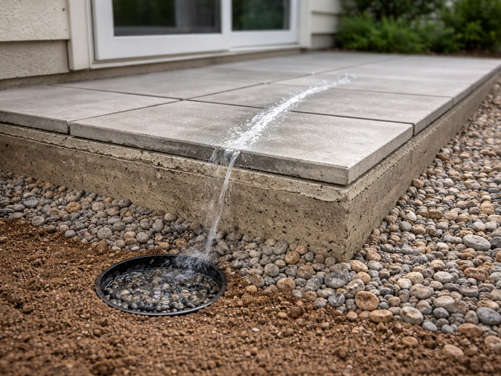 Cross-section patio base and subbase with slight slope and water flowing toward a drain away from the house.