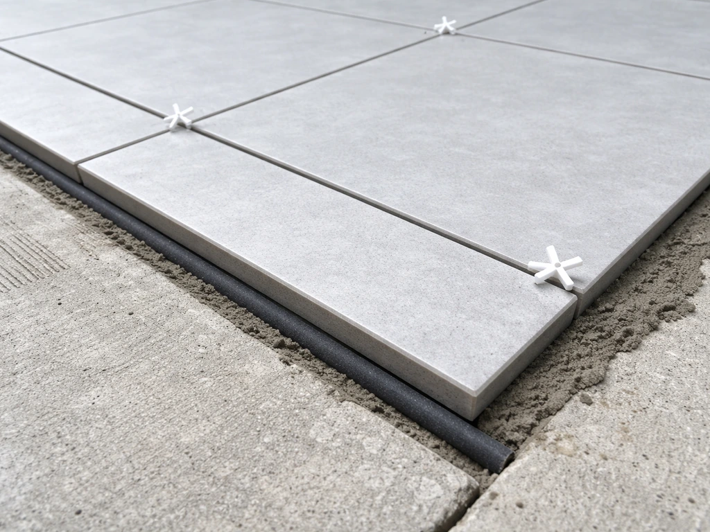 Close-up of outdoor patio tiles showing grout joints, spacers, and a perimeter expansion gap.