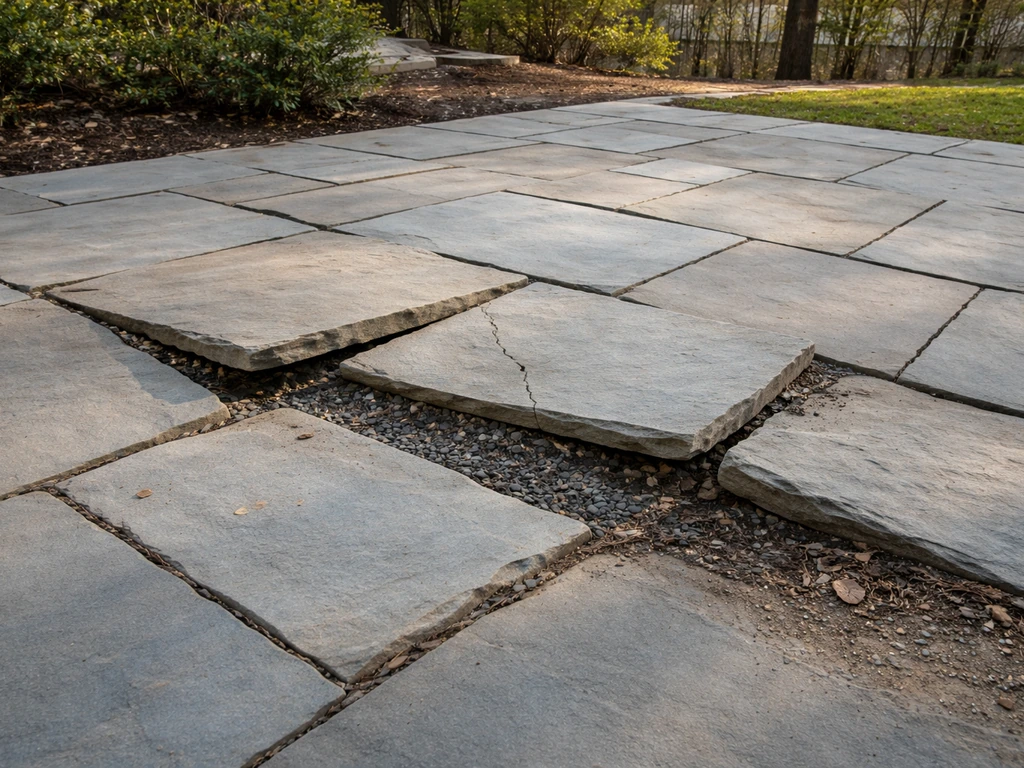 Wide view of a broken and heaved bluestone patio section with cracked slabs and exposed base.