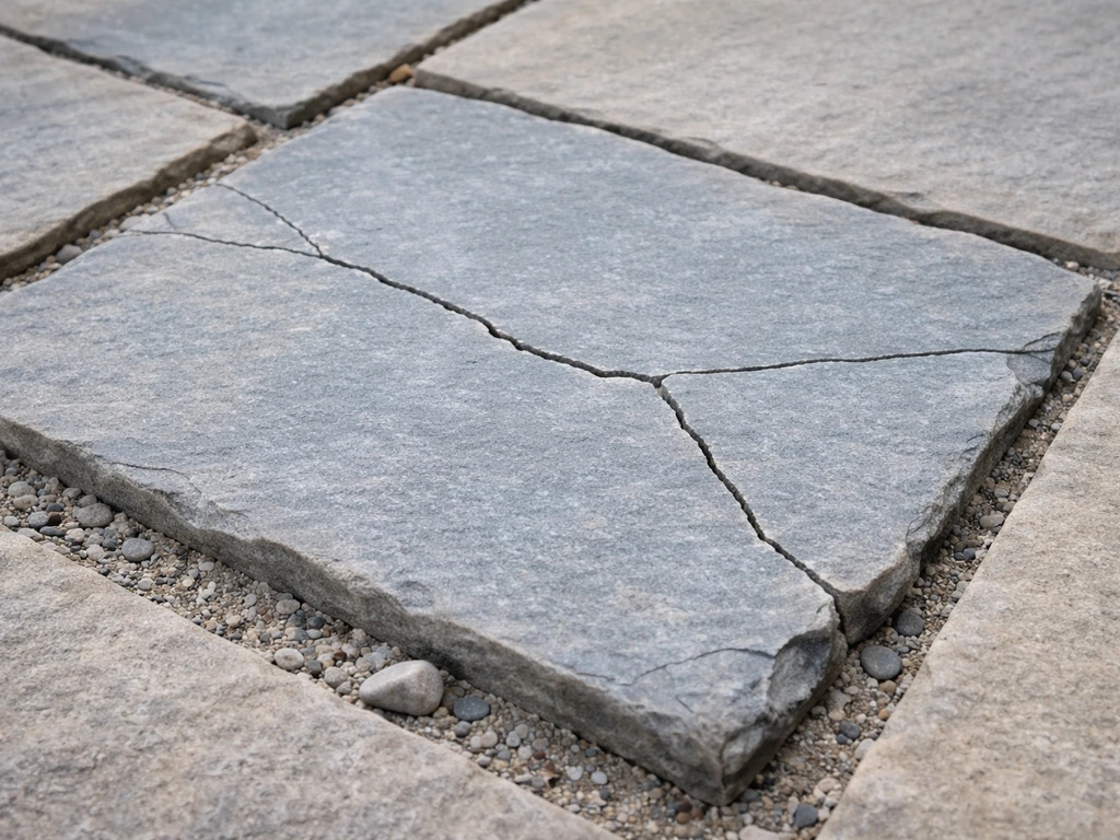 Close-up of a bluestone patio with visible cracks and chipped edges next to clear joint lines.