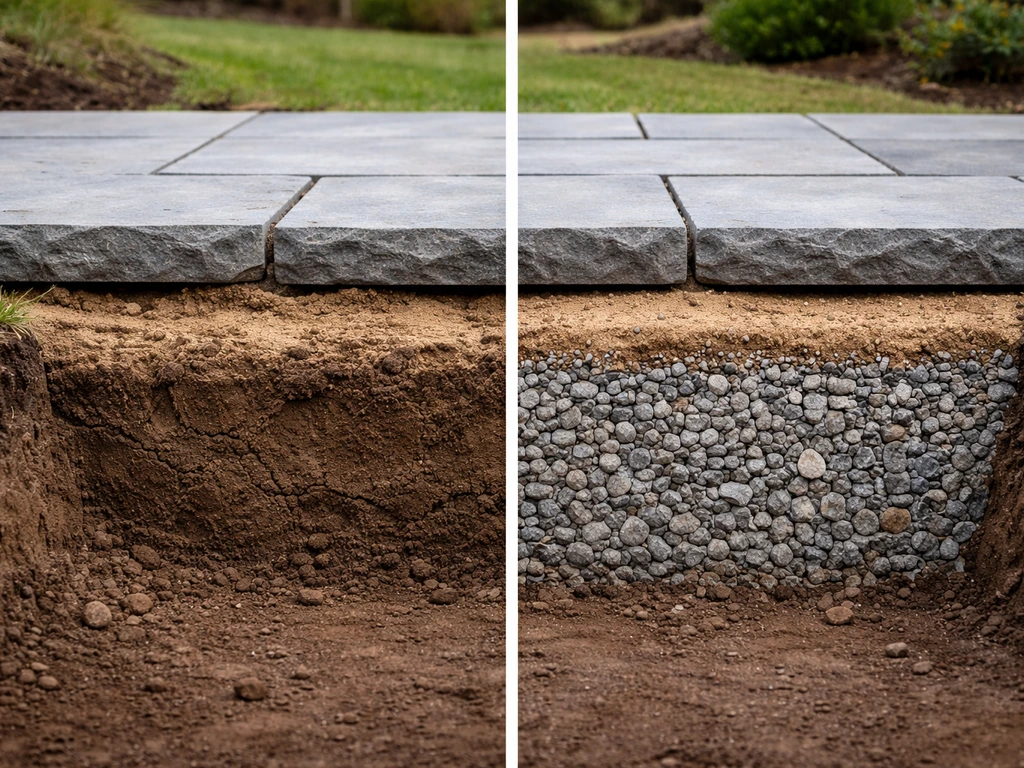 Split cross-section showing bluestone on a thin, loose base versus bluestone on a thick compacted crushed-stone base.