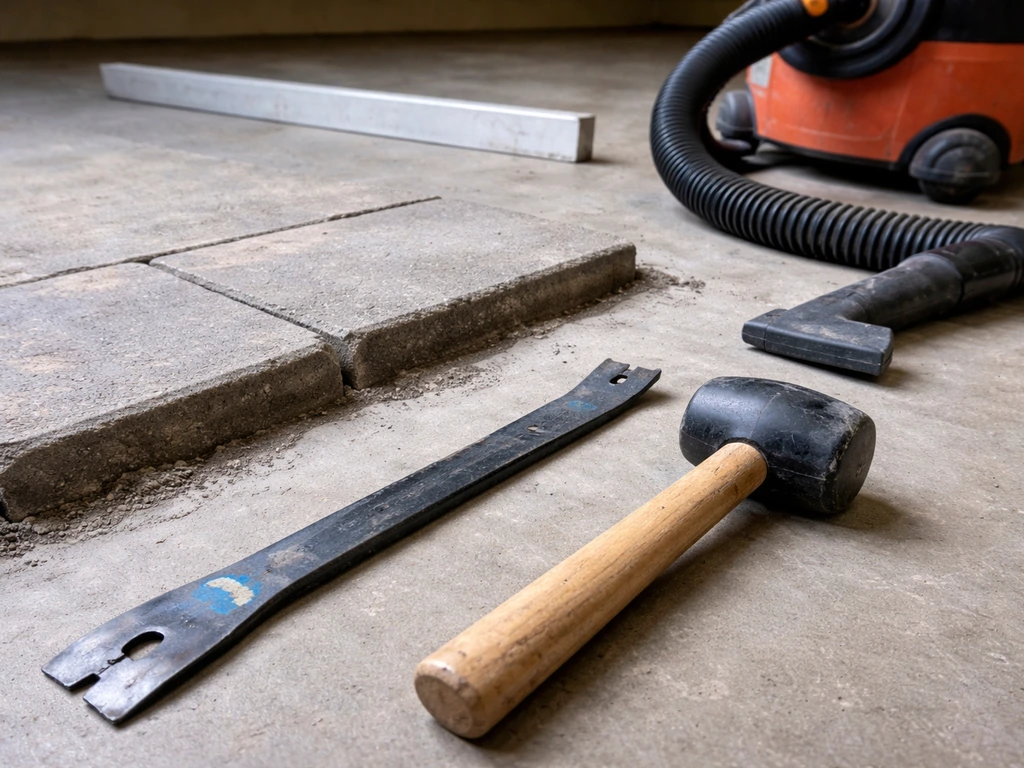 DIY tools laid out for lifting and resetting pavers: flat pry bar, rubber mallet, stiff brush, shop vac.
