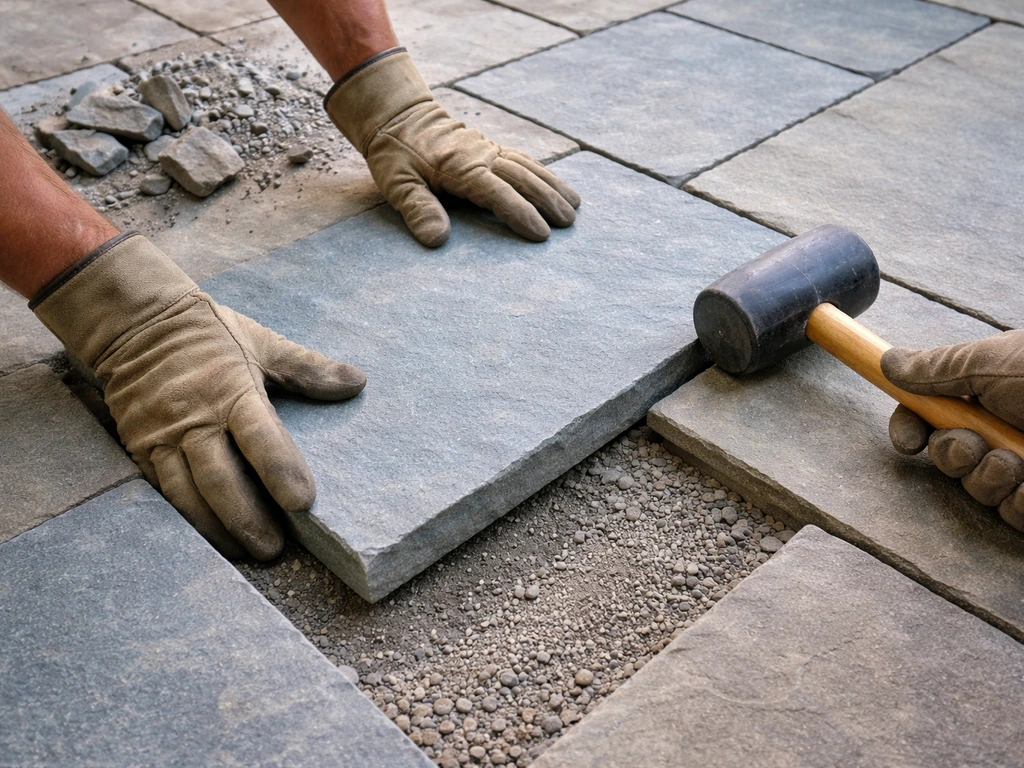 Gloved hands resetting a bluestone paver and tapping it level over exposed bedding layer.