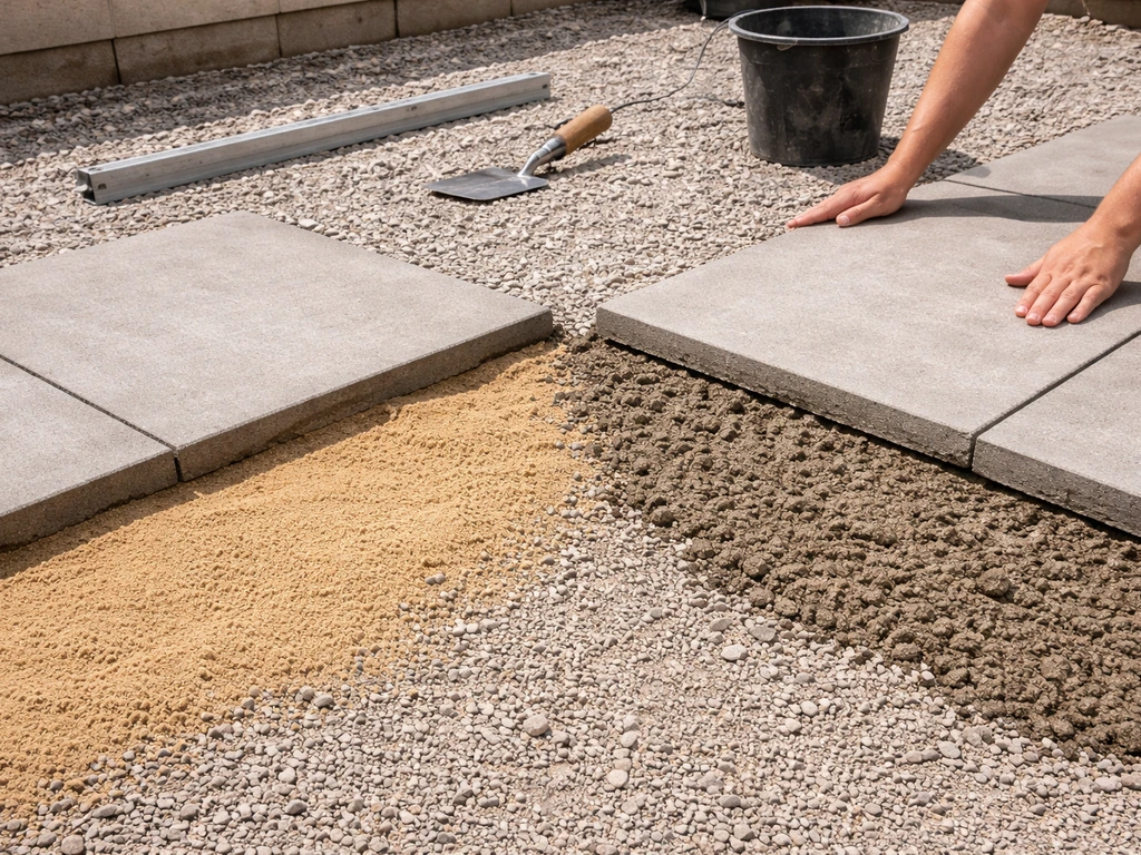 Backyard patio slab install showing sharp sand bed vs semi-dry mortar bed on a prepared base with tools nearby.