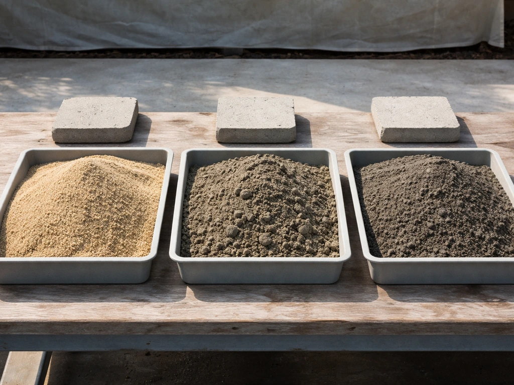 Side-by-side trays showing coarse sand-only, semi-dry sand/cement mix, and dry-pack mortar textures for patio slab beddi