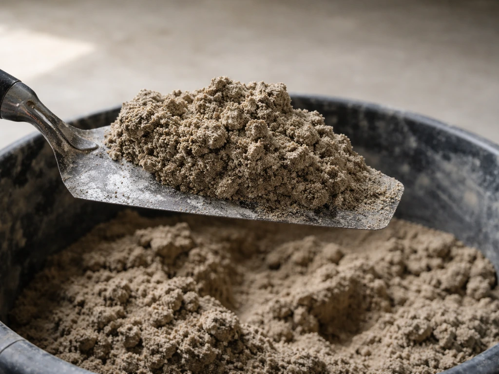 Close-up of a trowel scooping semi-dry mortar mix with damp, not wet consistency