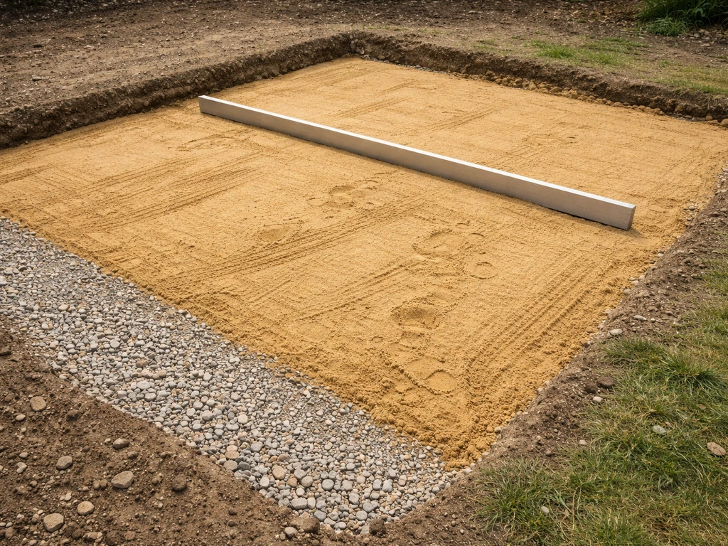Excavated patio base with compacted hardcore, sharp sand blinding, and a leveled screed board