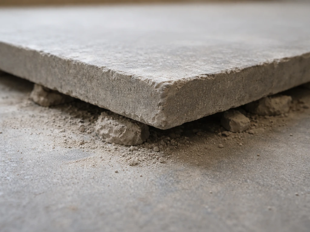 Close-up of a corner of a concrete slab lifted to reveal a bedding void causing rocking