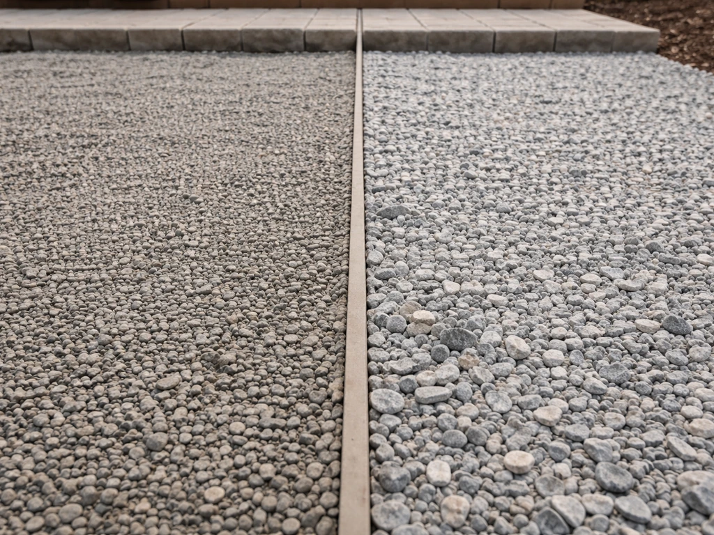 Split view of compacted crushed gravel base for pavers and clean crushed-stone base for concrete patios.