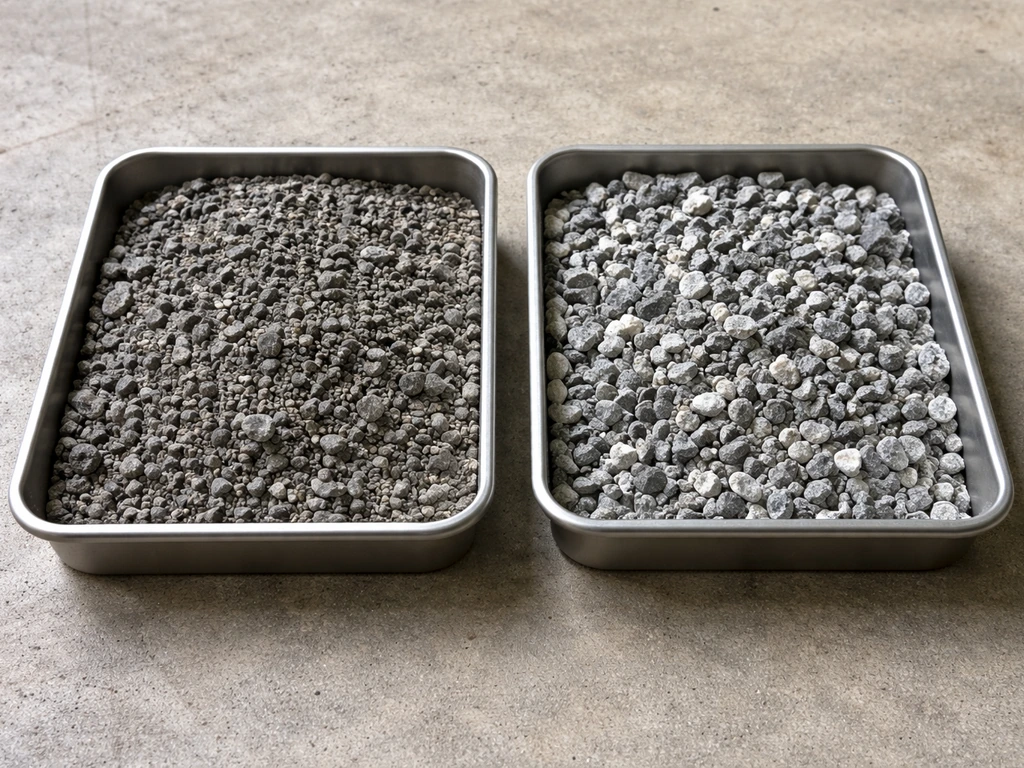 Two small gravel samples side by side: crusher run with fines vs cleaner crushed stone for comparison.