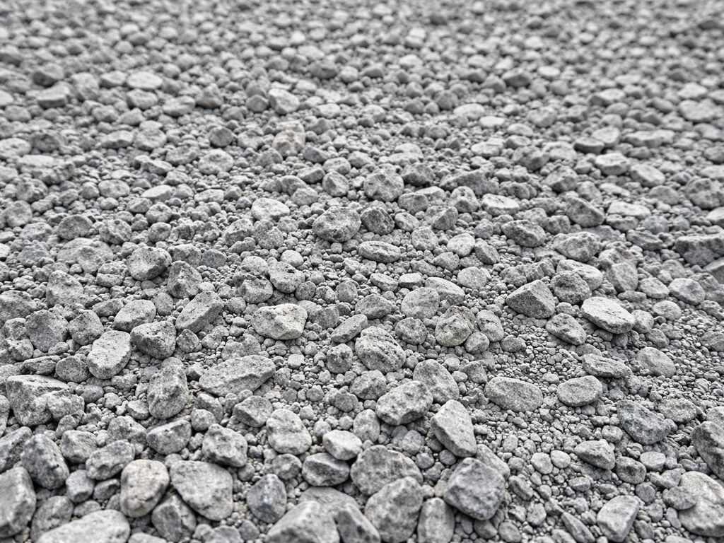 Close-up of clean, uniform 3/4-inch crushed stone with fine gray aggregate for a concrete patio base.