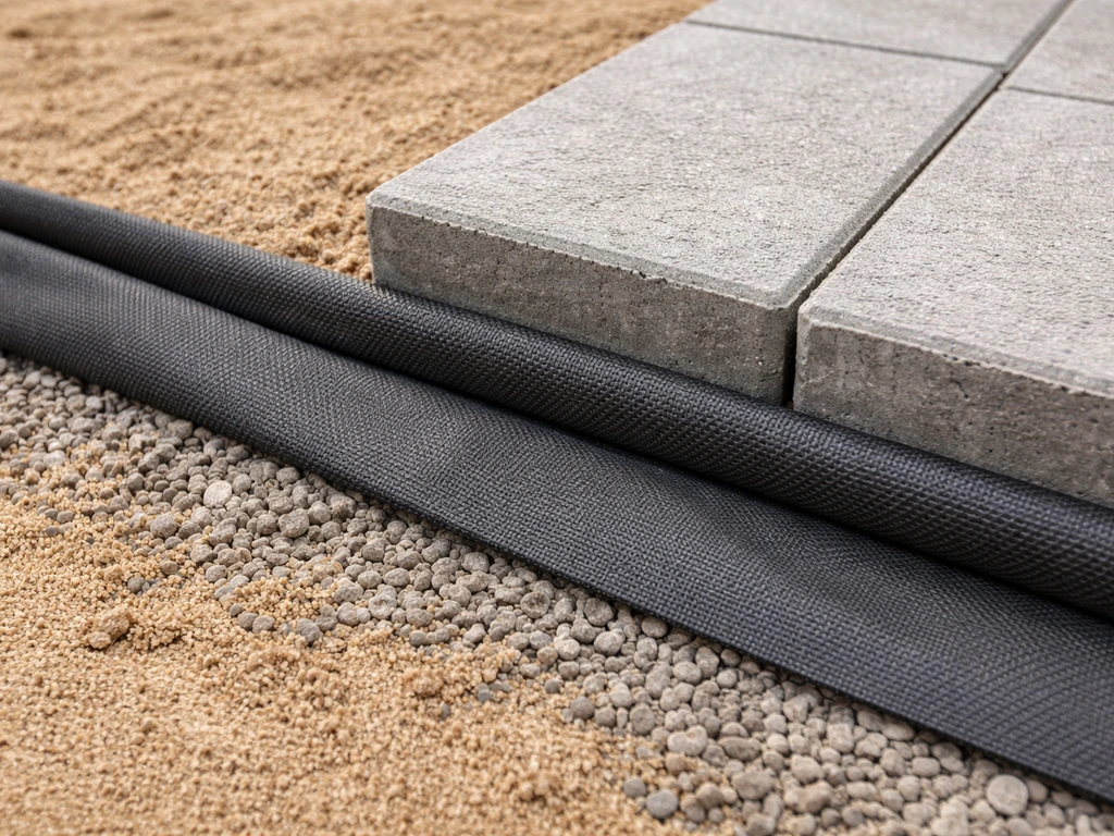 Close-up of paver patio edge showing non-woven landscape fabric and joint weed barrier detail beside bedding sand