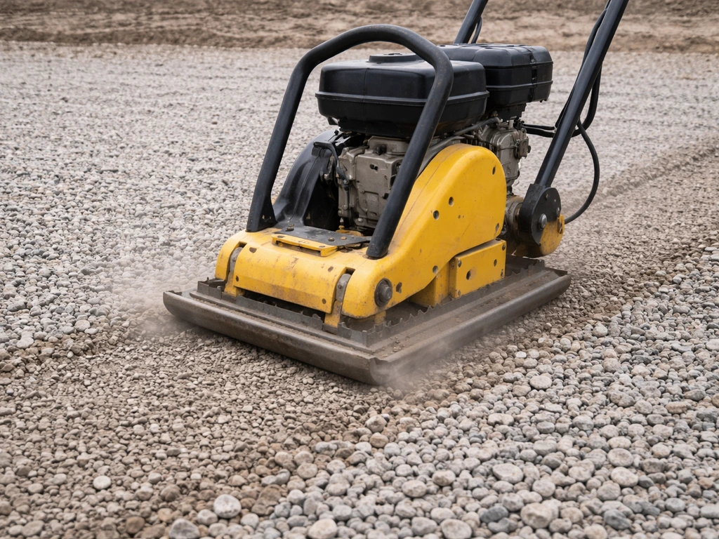 Plate compactor pressing into a leveled gravel layer, showing a clear footprint in the surface.