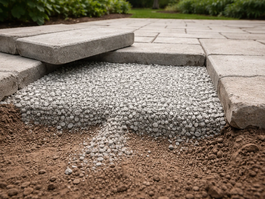 Close-up of a patio paver base showing compacted sub-base layer and drainage pathways beneath.