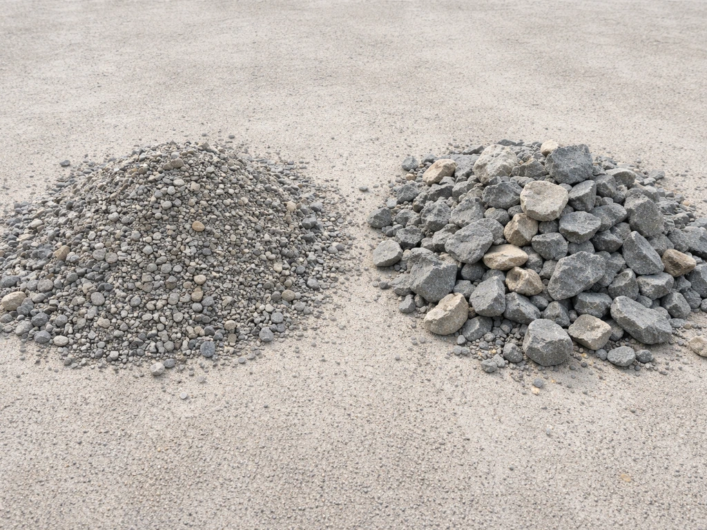 Close-up comparison of two piles of dense-graded crusher run and angular open-graded crushed stone