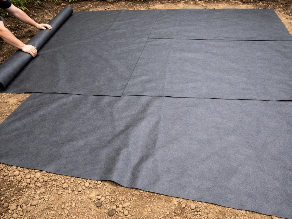 Worker unrolls non-woven geotextile over an excavated patio base, with seam overlaps visible before adding aggregate.