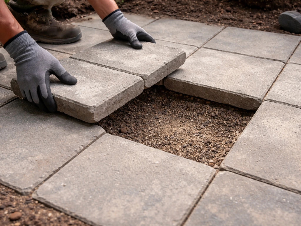 Person lifting a couple of patio pavers to check the bedding layer beneath on a simple concrete walkway.