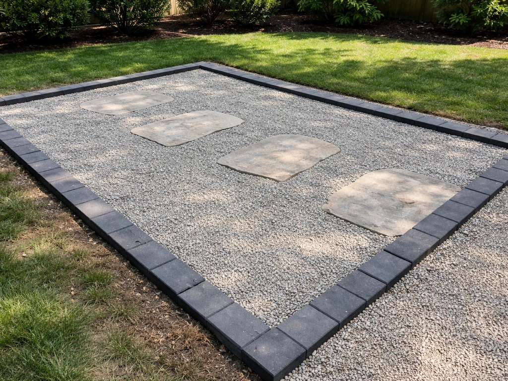 Minimal gravel patio with neat edging and a few flush stepping flagstones in a backyard.