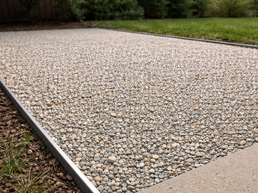 Gravel and crushed-stone patio surface with clean edging in a simple outdoor setting