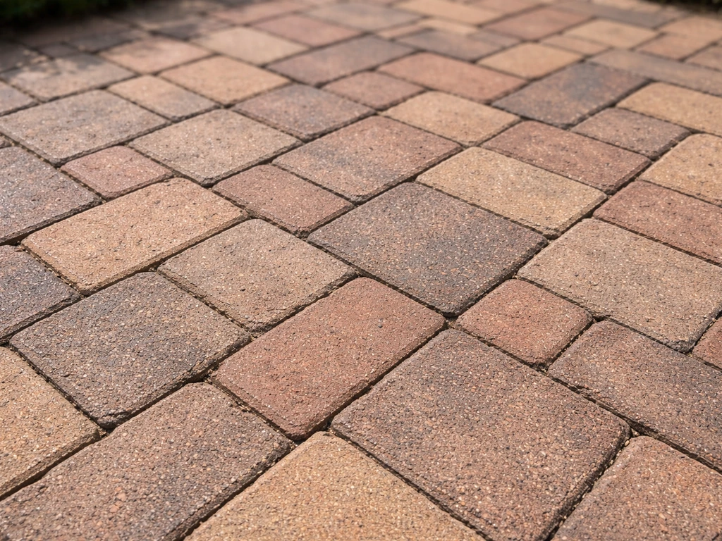 Close angled view of fired clay brick pavers in an outdoor patio pattern with visible joints.