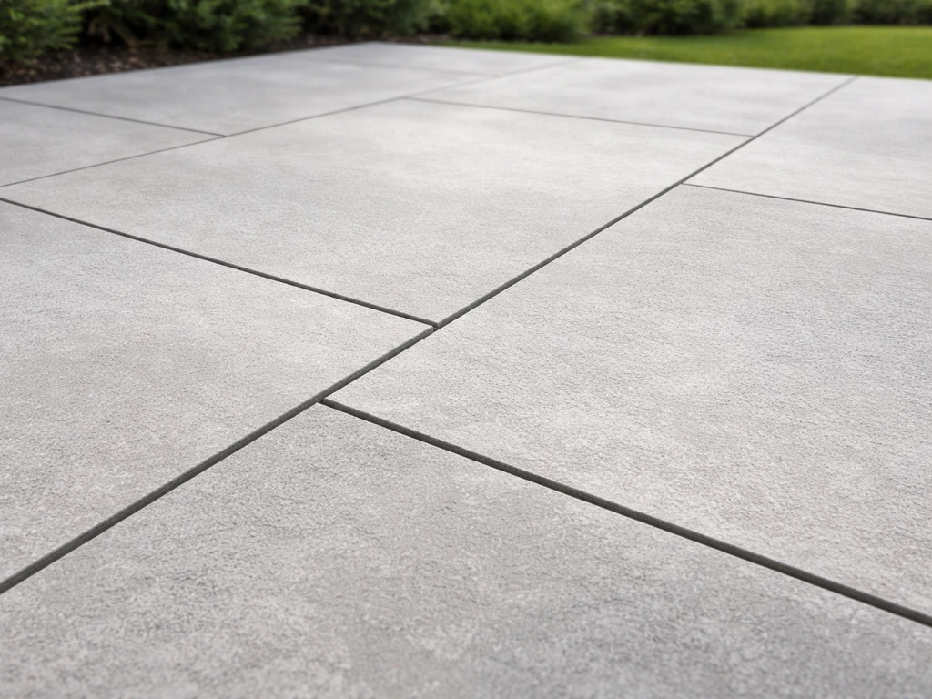 Large-format porcelain pavers laid outdoors with clear grout and bedding lines in natural daylight