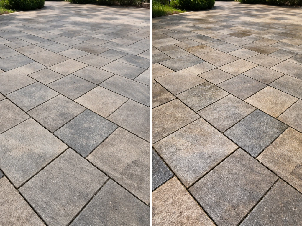 Split view of patio pavers: dry matte left and subtle wet-look sealed right for a patio stone sealer review.