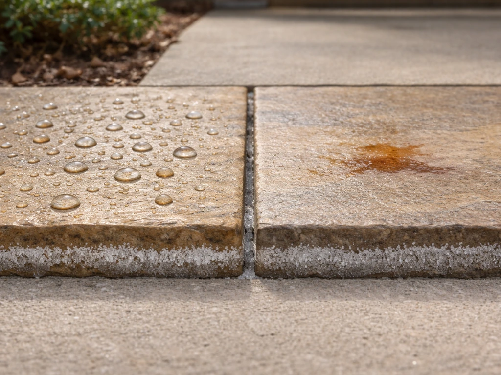 Patio pavers showing water beading, faint darkening from stains, and a frosty edge for freeze-thaw protection.