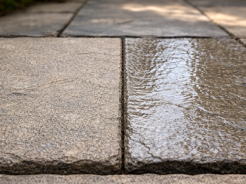 Split view of the same stone surface showing penetrating sealer with no sheen and film-forming sheen.