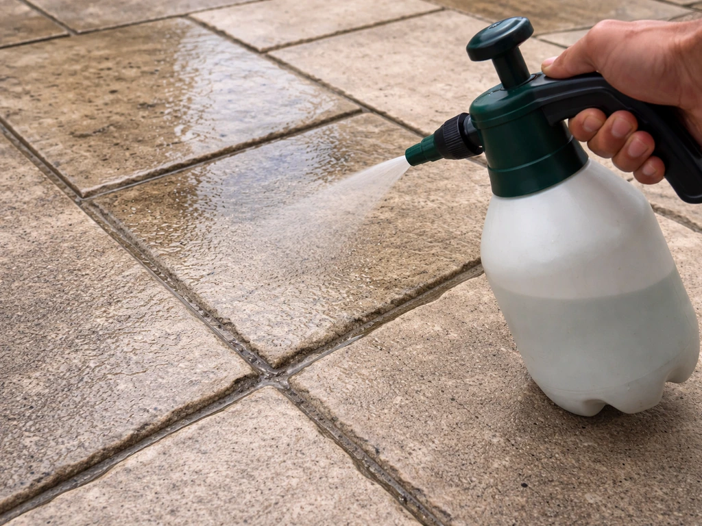 Worker applying penetrating sealer with sprayer to natural stone, showing wet sheen before it cures