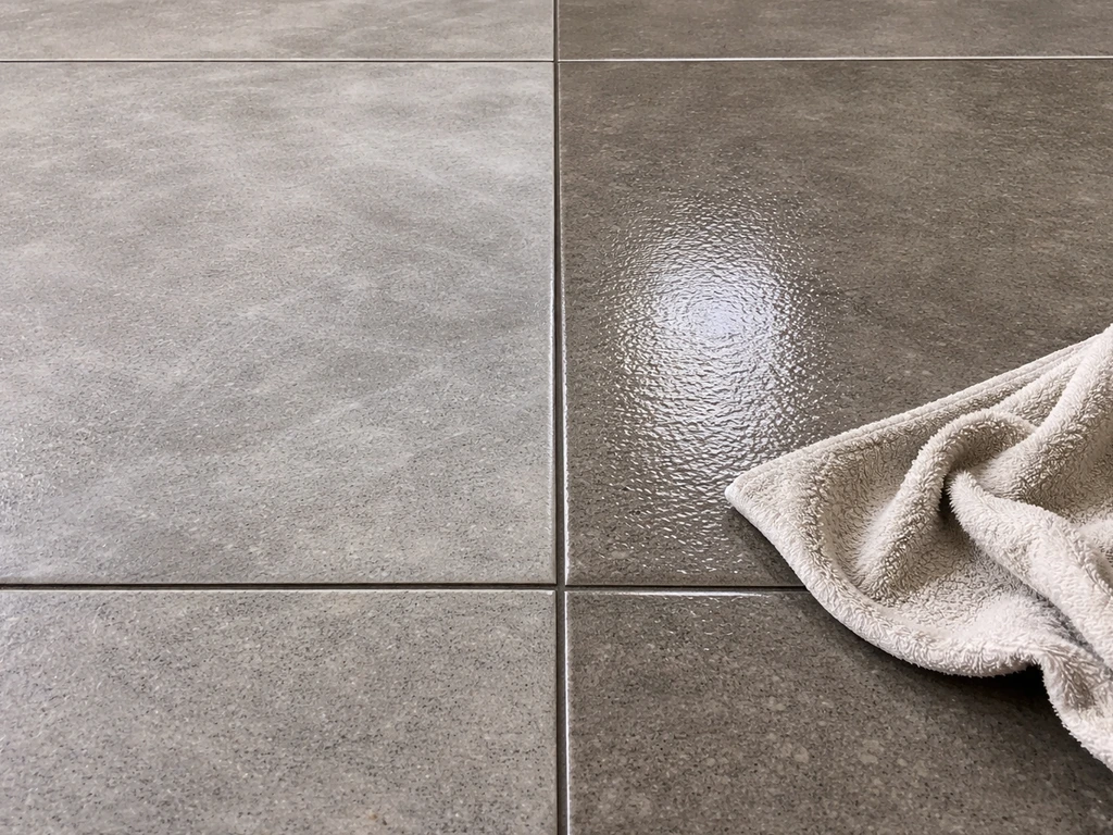 Split view of sealed tile: milky white haze on one side, wiped clean even sheen on the other.