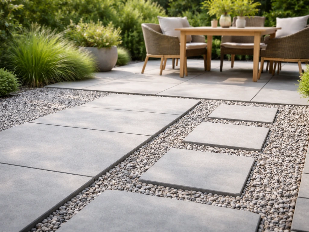 Modern backyard patio with natural stone pavers and gravel border, showing alternatives to bluestone