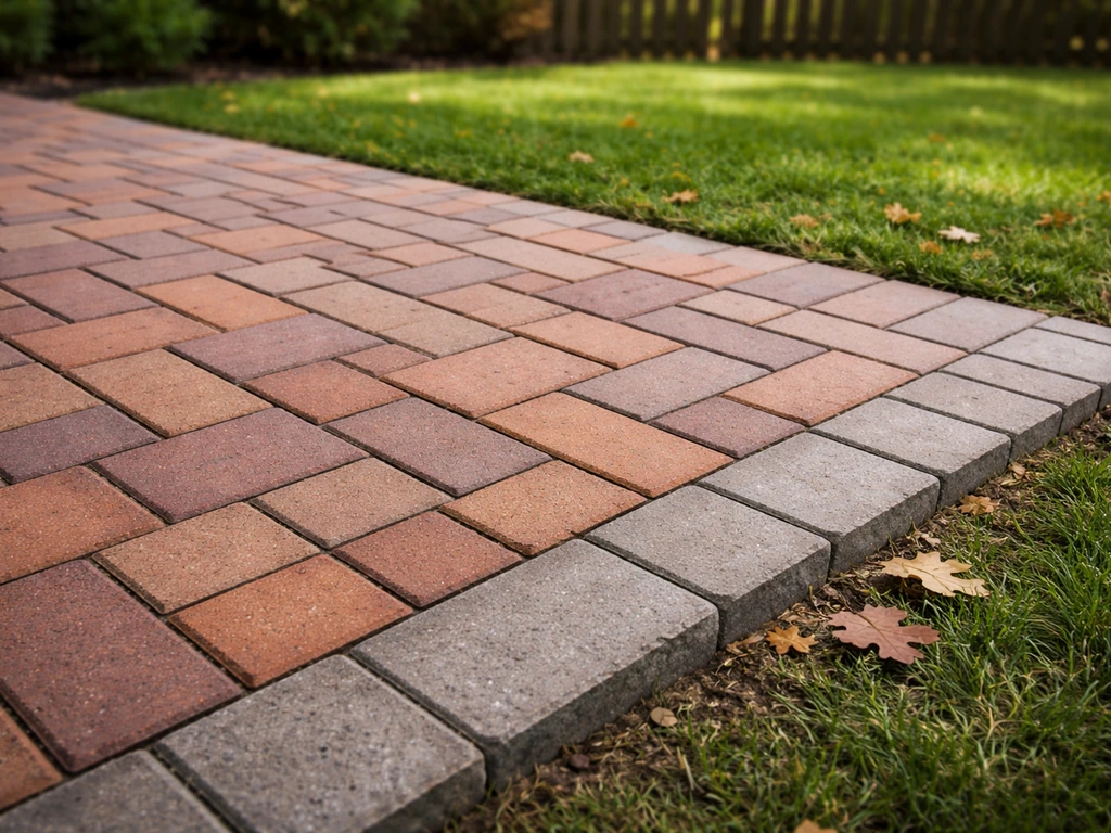 Close-up of a clay brick patio showing a running-bond paver and border pattern beside grass.
