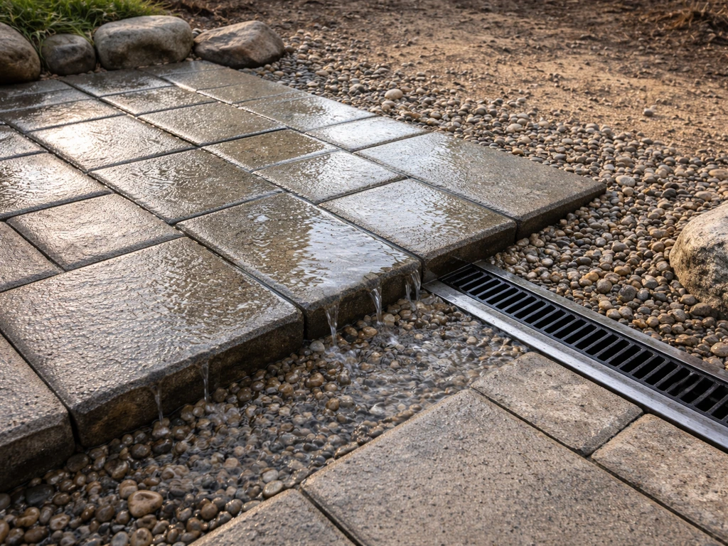 Minimal patio corner with permeable pavers and gravel channel showing water draining away