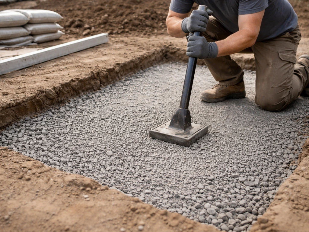 Contractor leveling and compacting a patio base with gravel layers and tools