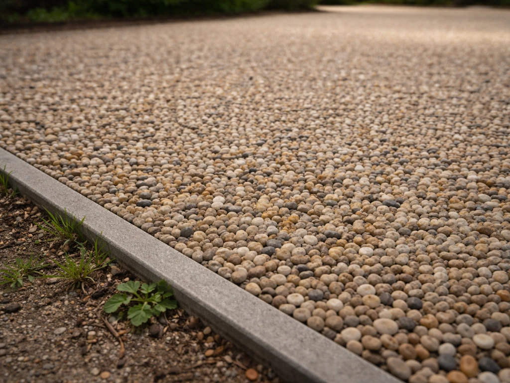 Textured close-up of a pea gravel patio with neat edging and subtle drainage-ready layout.