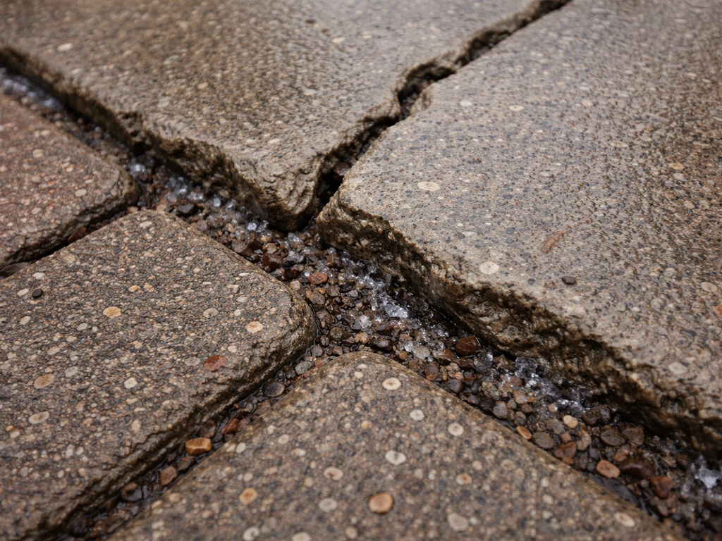 Cracked concrete slab with heaved paver joints and muddy erosion from freeze-thaw cycles.