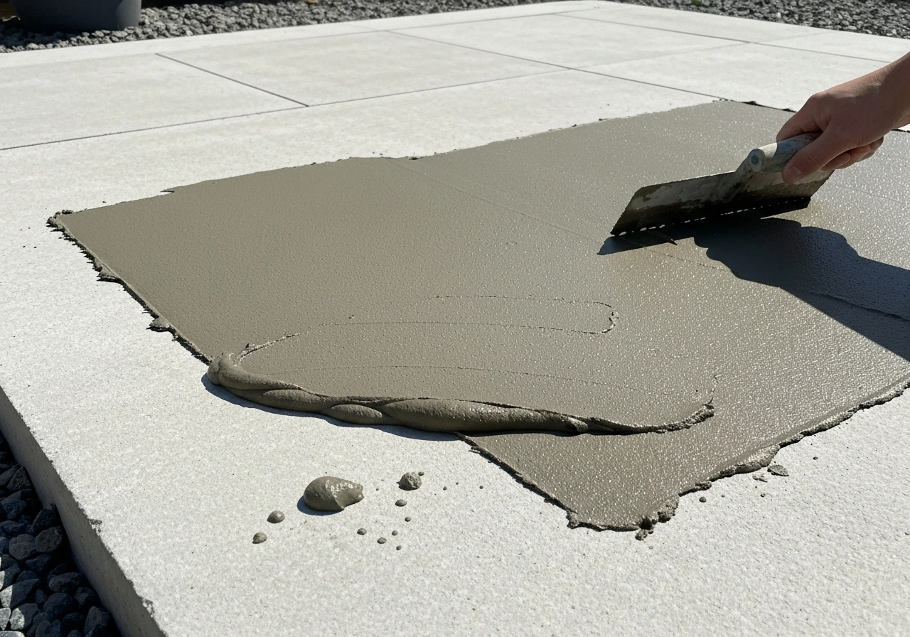 Close-up of gray thinset mortar spread with a notched trowel on a concrete slab base for outdoor tile.
